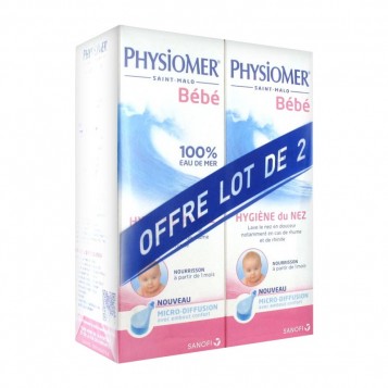 Physiomer Bébé - Micro-Diffusion DUO 2 x 115 ml A partir de 1 mois 100 % eau de mer naturelle Sans conservateur ni ajout de substance chimique Stérile pH optimal pour la muqueuse nasale 3401576080705