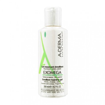 Aderma Exomega - Gel Moussant Emollient 200 ml Pour nourrisson, enfant et adulte Nettoie et apaise les peaux atopiques et très sèches Sans parfum