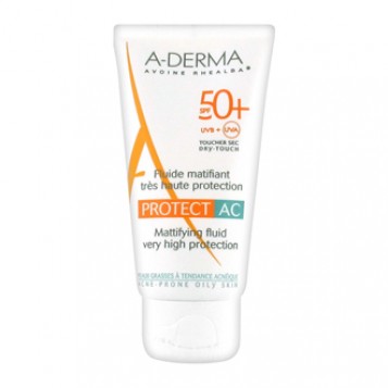 Aderma Protect AC - Fluide Matifiant Très Haute Protection SPF 50+ 40 ml Pour peaux grasses à tendance acnéique Toucher sec Résistant à l'eau Sans traces blanches Sans paraben