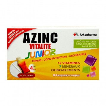 Arkopharma Azinc - Vitalité Junior - Goût Cola - 30 Comprimés à Croquer Dès 4 ans NOUVELLE FORMULE Meilleure assimilation Tonus, concentration et croissance 3401560154733