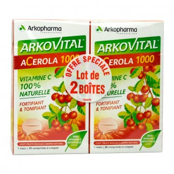 Arkopharma Acerola 1000 DUO 2 x 30 comprimés 2 MOIS Fortifiant & tonifiant Sans Vitamine C artificielle Goût fruits rouges 3578830124212