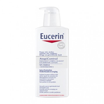 Eucerin AtopiControl - Émollient Corps Calmant 12% OMEGA 400 ml Hydrate les peaux très sèches et atopiques sujettes aux rougeurs Apaise les sensations de démangeaison Soin d'entretien Convient aux nourrissons 12% OMEGA + Licochalcone A Sans parfum & sans 