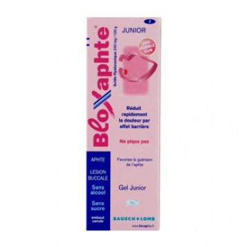 BloXaphte Gel Junior 10 ml à partir de 30 mois Goût bubble gum Réduit rapidement la douleur par effet barrière Ne pique pas Favorise la guérison de l'aphte