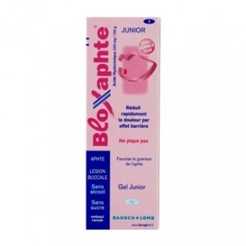 BloXaphte Gel Junior 10 ml à partir de 30 mois Goût bubble gum Réduit rapidement la douleur par effet barrière Ne pique pas Favorise la guérison de l'aphte