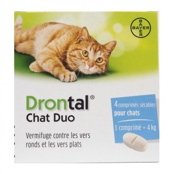 Bayer Drontal Chat -Comprimé Appétent - 4 Comprimés Vermifuge contre les vers ronds et les vers plats 4 comprimés sécables pour chat 1 comprimé = 4 kg 4007221043751