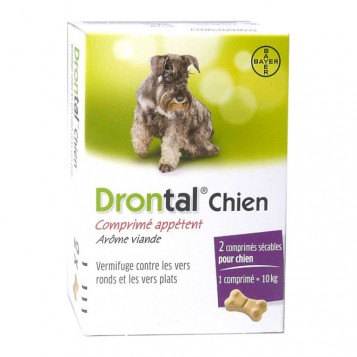 Bayer Drontal Chien -Comprimé Appétent Arôme Viande - 2 Comprimés Vermifuge contre les vers ronds et les vers plats 2 comprimés sécables pour chien 1 comprimé = 10 kg