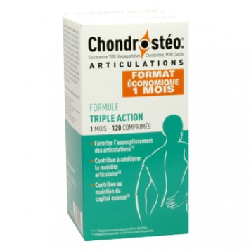 La boratoire des Granions Chondrosteo Articulations Triple Action 120 Comprimés FORMAT ÉCONOMIQUE Formule triple action Favorise l'assouplissement des articulations Contribue à améliorer la mobilité articulaire Contribue au maintien du capital osseux