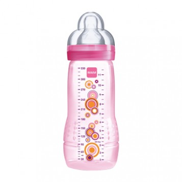 MAM Biberon 2ème âge 6+mois 330 ml - Rose Fleurs Tétine ultra-douce, 0% BPA, débit ultra rapide