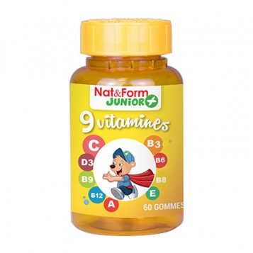 Nat & Form Junior + 9 Vitamines - 60 Gommes A partir de 3 ans Vitamines A,B3, B6, B8, B9, B12, C, D3, E