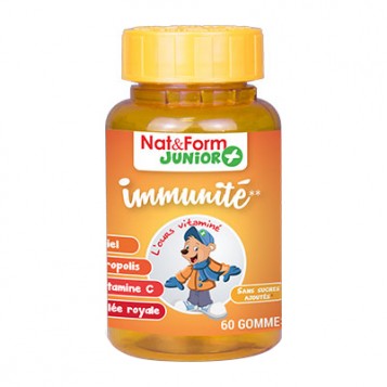 Nat & Form Junior+ - Immunité - 60 Gommes Vitaminées A partir de 3 ans Gelée royale, Vitamine C, Propolis,Meil Sans sucres ajoutés