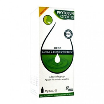 Phytosun Aroms Sirop Gorge & Cordes Vocales 150 ml Adoucit la gorge Apaise les cordes vocales BIO 100% huiles essentielles HEBBD A partir de 12 ans