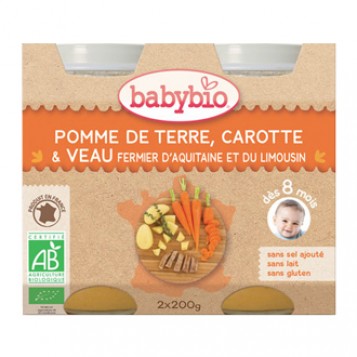 Babybio Petits Pots Menu BIO Pomme de Terre, Carotte & Veau fermier d'Aquitaine et du Limousin x2 