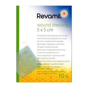 Revamil Compresse Imprégnée de Miel - 10 Compresses Taille 5 x 5 cm Pansements stériles au miel médical Antibactérien Apaisant Cicatrisant Idéal pour les plaies ou les brûlures