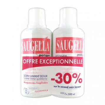 Saugella Poligyn Nettoyant Doux Lot de 2 soit 2 x 500 ml avec -30% sur le second soin lavant Offre Spéciale Muqueuses Fragiles ou Asséchées - Ph neutre