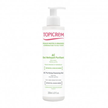 Topicrem AC - Gel Nettoyant Purifiant - 200 ml Sans savon Nettoie et purifie Peaux grasses et sensibles Impuretés, excès de sébum Sans paraben