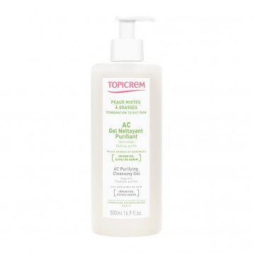Topicrem AC - Gel Nettoyant Purifiant - 500 ml Sans savon Nettoie et purifie Peaux grasses et sensibles Impuretés, excès de sébum Sans paraben 3700281703054