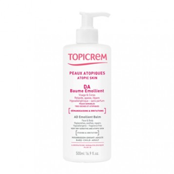 Topicrem DA Baume Emollient 500 ml Visage et corps Relipide, apaise et répare Hypoallergénique et sans parfum Peaux sensibles très sèches et atopiques Nourrisson, enfant et adulte