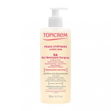 Topicrem DA Gel Nettoyant Surgras Visage & Corps 500 ml Visage et corps Nettoie, apaise et protège Hypoallergénique et sans parfum Peaux sensible très sèches et atopique Nourrisson, enfant et adulte