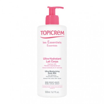 Topicrem Ultra-Hydratant Lait Corps 500 ml Hydrate 24h Pénètre instantanément Peaux sensibles et sèche Bébé, enfant et adulte