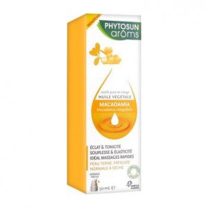 Phytosun Aroms Huile Végétale Macadamia BIO - 50 ml Macadamia integrifolia 100% pure et vierge Éclat, tonicité, souplesse et élasticité Idéal pour les massages rapides Peau terne, fatiguée Normale à sèche 3595890231896