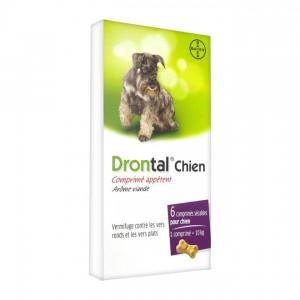 Bayer Drontal Chien -Comprimé Arôme Viande - 6 Comprimés Vermifuge contre les vers ronds et les vers plats 2 comprimés sécables pour chien 1 comprimé = 10 kg 4007221040071