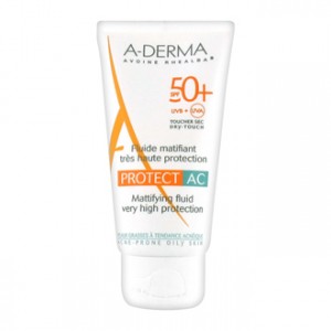 Aderma Protect AC - Fluide Matifiant Très Haute Protection SPF 50+ 40 ml Pour peaux grasses à tendance acnéique Toucher sec Résistant à l'eau Sans traces blanches Sans paraben