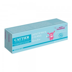 Cattier Dentifrice 2-6 ans - Goût  Framboise BIO - 50 ml Sans fluor 0% sulfate Respecte l'émail des dents 3283950912617