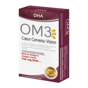 Isodis Natura OM3 Coeur Cerveau VIsion - 60 Capsules DHA A l'huile de poisson sauvages : Riche en Oméga-3 d'origine marine 7553mg DHA / jour 3428883939007