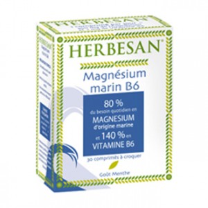 Herbesan Magnésium Marin B6 Goût Menthe 30 Comprimés à Croquer Riche en magnésium d'origine marine et en Vitamine B6 !