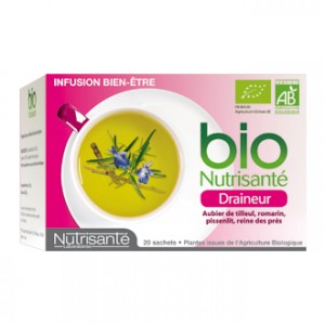 Nutrisanté Draineur Infusions BIO 20 Sachets Favorise l’élimination des toxines et de l’eau stockée majoritairement au niveau des cuisses et des fesses.