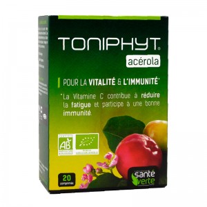 Santé Verte Toniphyt Acérola BIO - 20 Comprimés A partir de 6ans Pour la vitalité et l'immunité La Vitamine C contribue à réduire la fatigue et participe à une bonne immunité