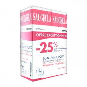 Saugella Poligyn Nettoyant Doux Lot de 2 avec -25% sur le second soin lavant Offre Spéciale Muqueuses Fragiles ou Asséchées - Ph neutre