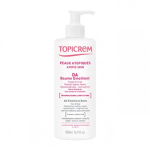 Topicrem DA Baume Emollient 500 ml Visage et corps Relipide, apaise et répare Hypoallergénique et sans parfum Peaux sensibles très sèches et atopiques Nourrisson, enfant et adulte