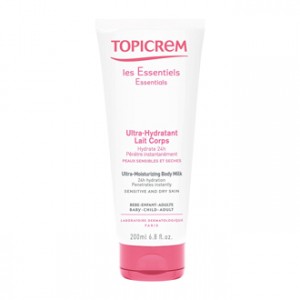 Topicrem Ultra-Hydratant Lait Corps 200 ml Hydrate 24h Pénètre instantanément Peaux sensibles et sèche Bébé, enfant et adulte