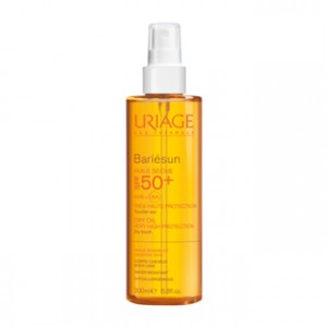 Uriage Bariésun Huile Sèche SPF50+ 200 ml Toucher sec Pour peaux sensibles Corps et cheveux Résistant à l'eau Hypoallergénique