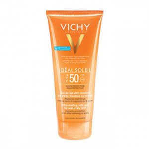 Vichy Idéal Soleil - Gel de Lait Ultra-Fondant Sur Peau Mouillée ou Sèche SPF50 200 ml Haute protection Pour peaux sensibles Protection corps Hypoallergénique Résistant à l'eau Sans paraben